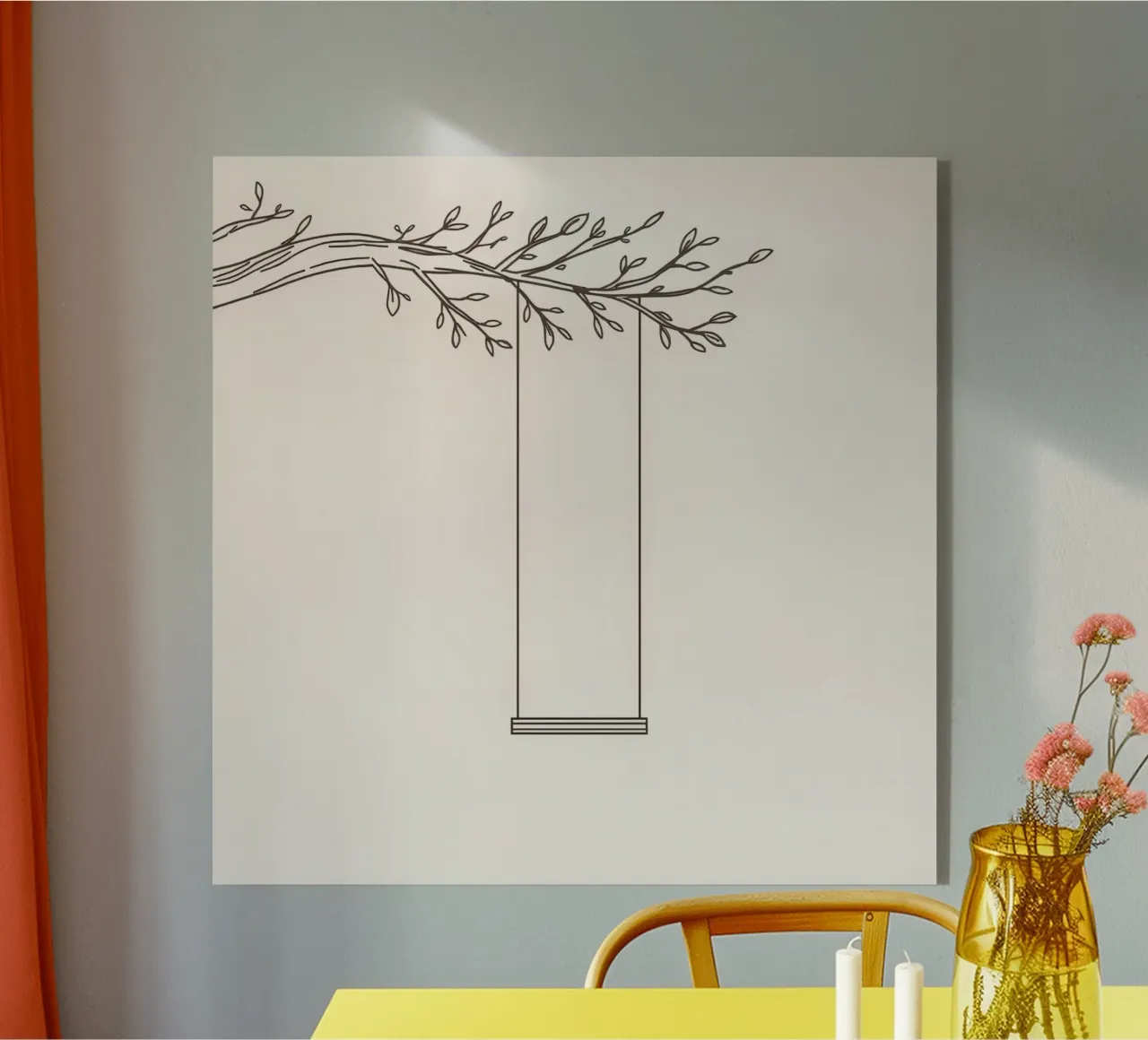 Empty swing hanging from a tree branch in a minimalist art acrylic glass by DesignDoodle