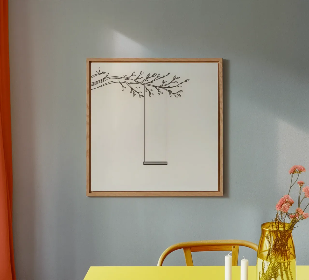 Altalena vuota appesa al ramo di un albero in un'arte minimalista alluminio dibond da DesignDoodle