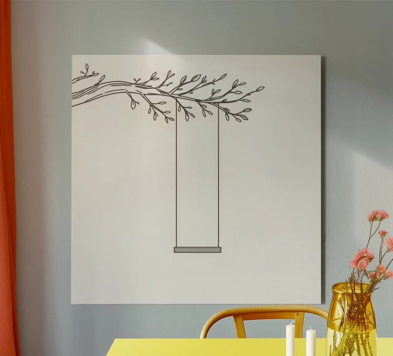 Altalena vuota appesa al ramo di un albero in un'arte minimalista alluminio dibond da DesignDoodle