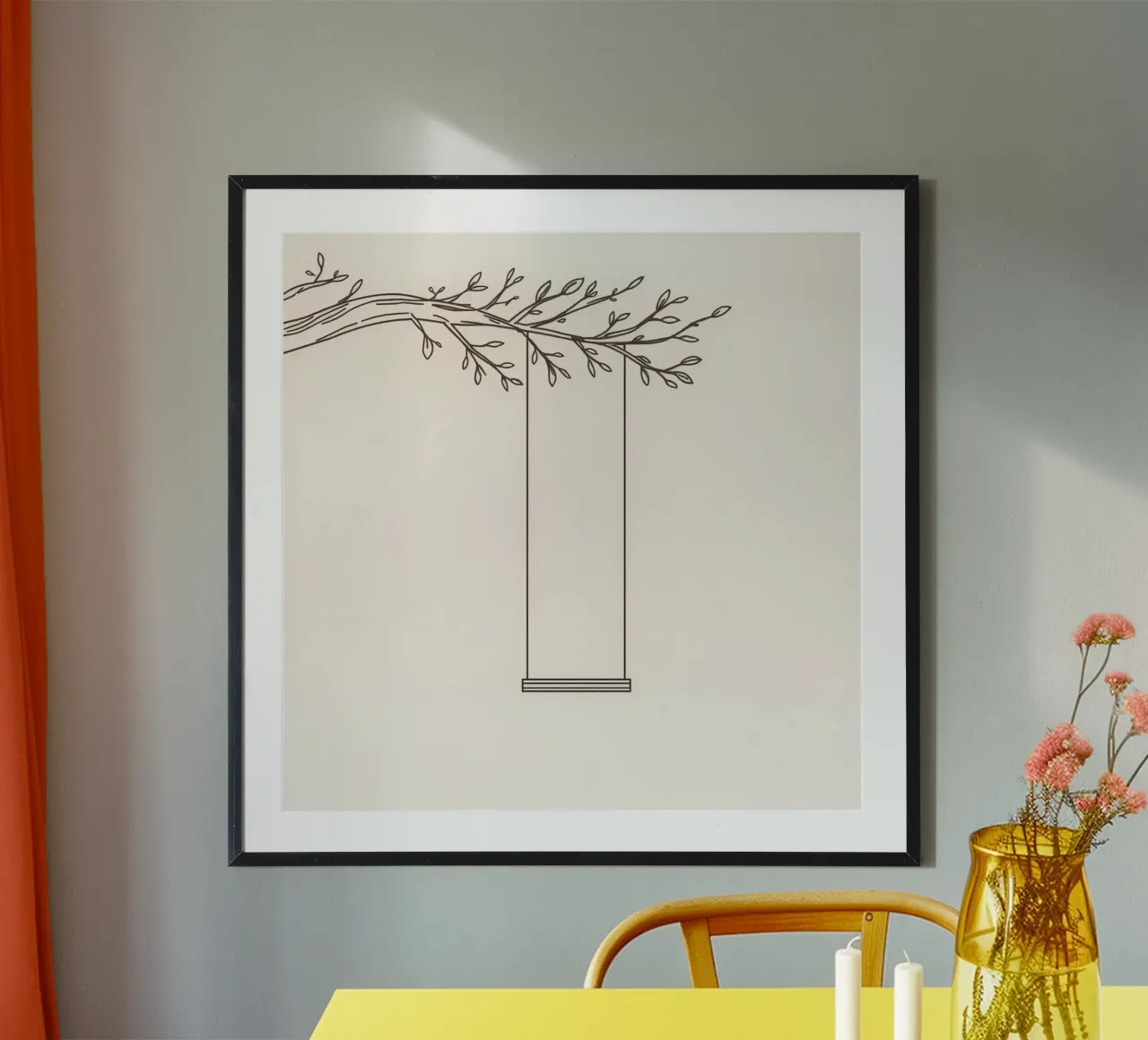 Altalena vuota appesa al ramo di un albero in un'arte minimalista carta hahnemühle da DesignDoodle