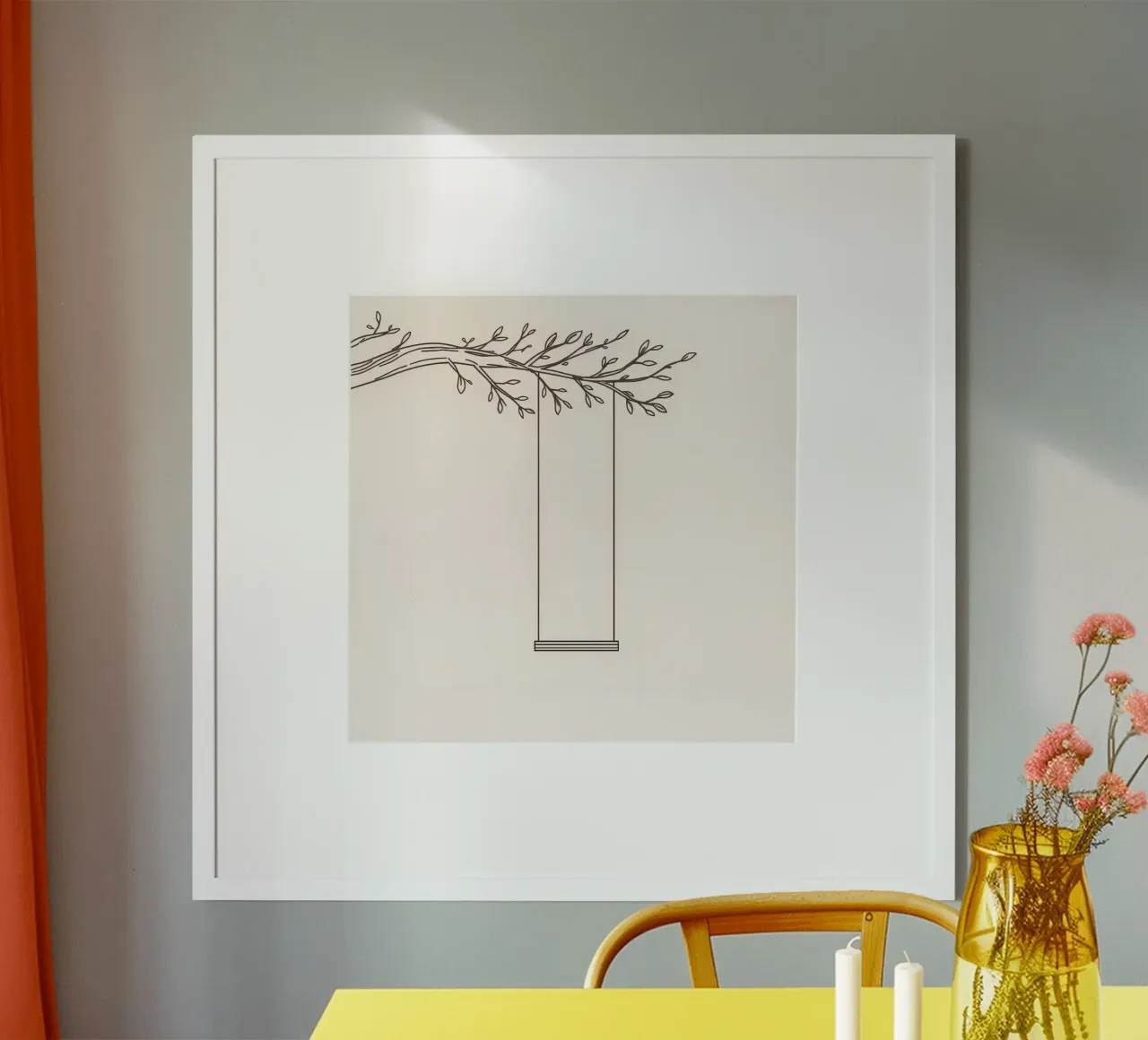 Empty swing hanging from a tree branch in a minimalist art hahnemühle by DesignDoodle