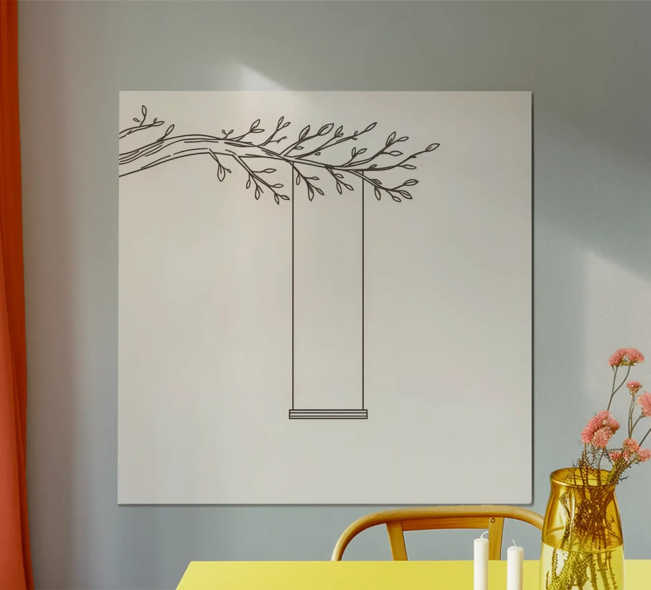 Altalena vuota appesa al ramo di un albero in un'arte minimalista carta hahnemühle da DesignDoodle