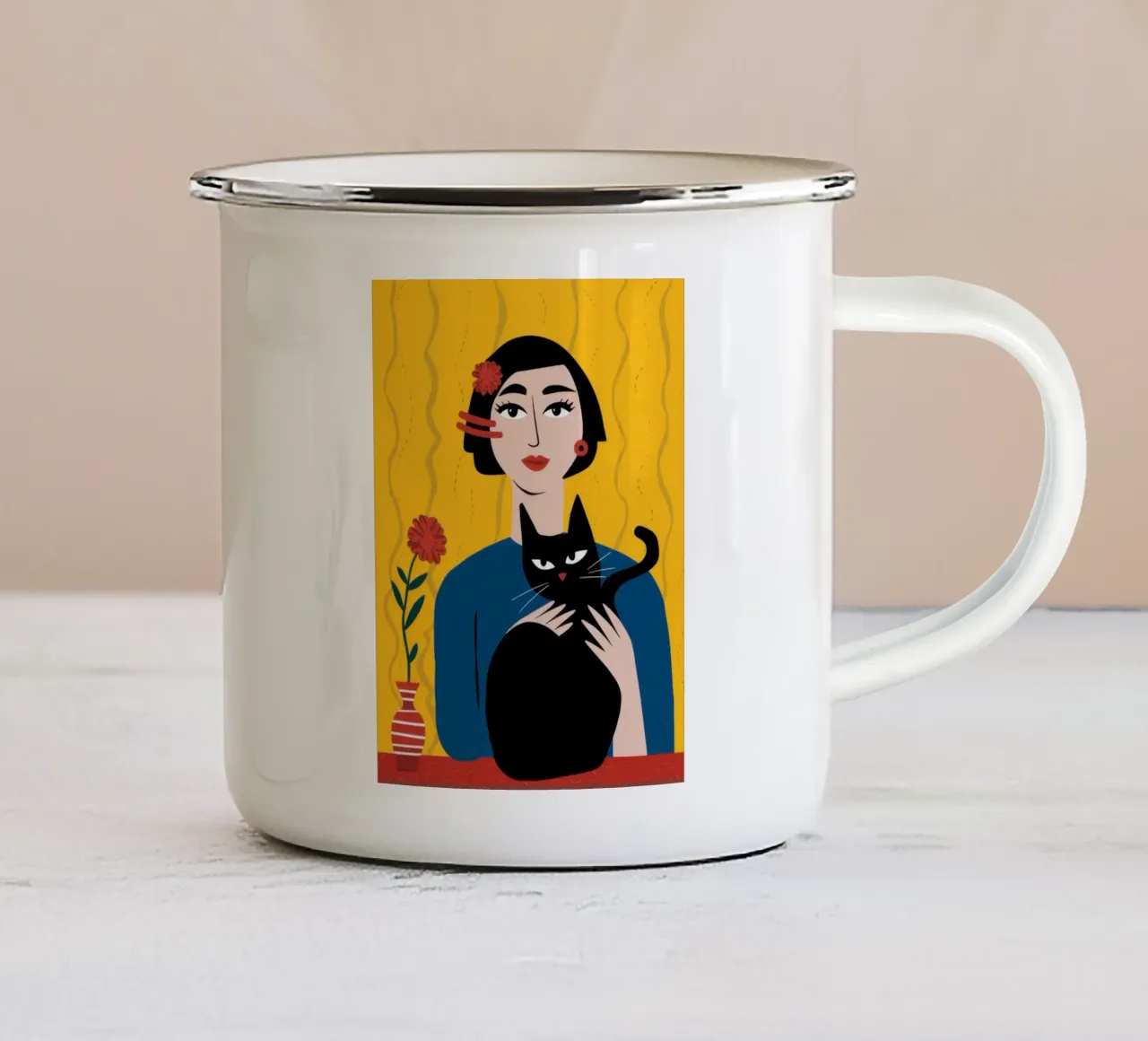 Gatto nero Fiore giallo tazza in smalto da Marigold Tiga
