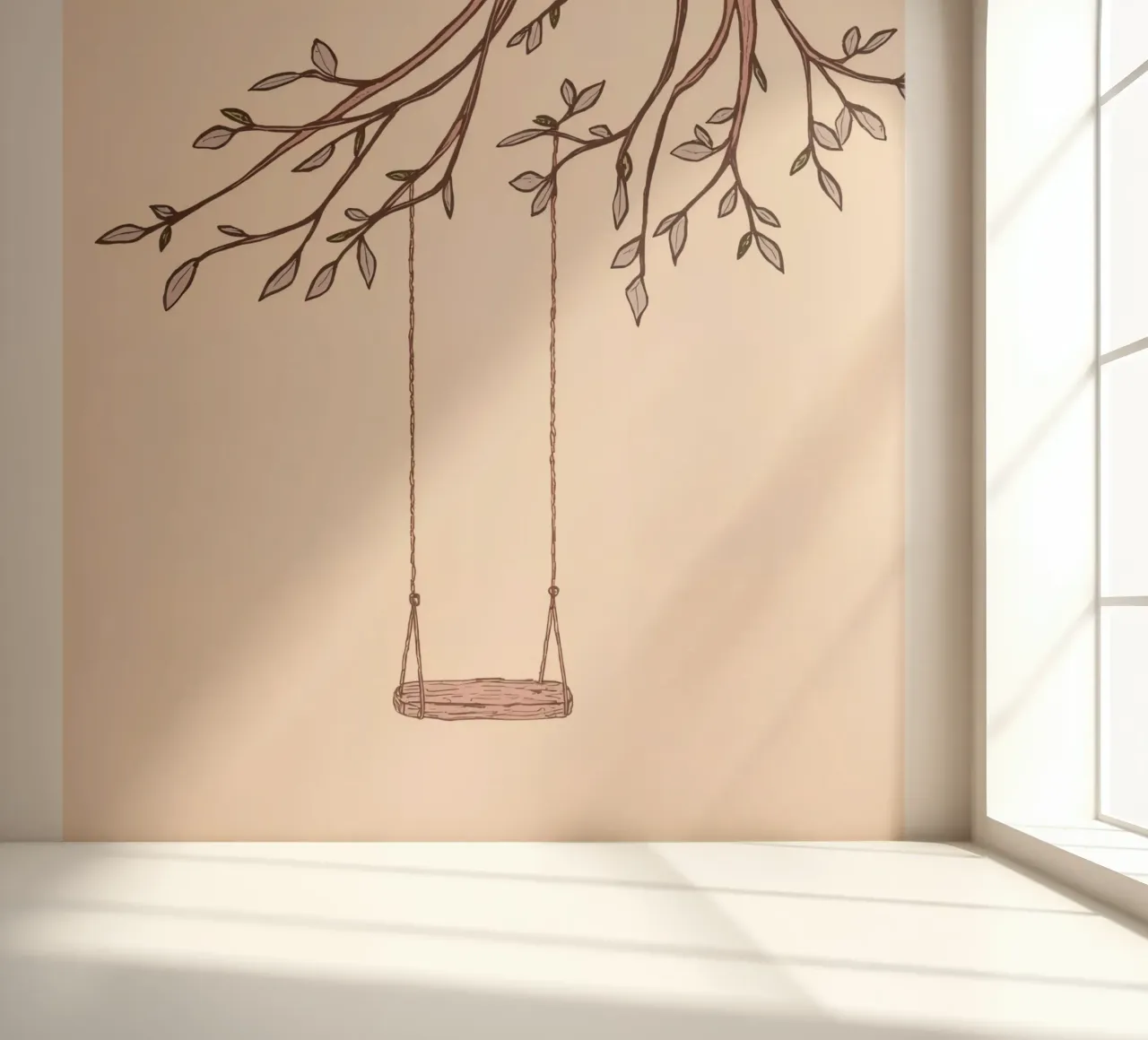 Swing hanging from a tree branch with delicate leaves photo wallpaper by DesignDoodle