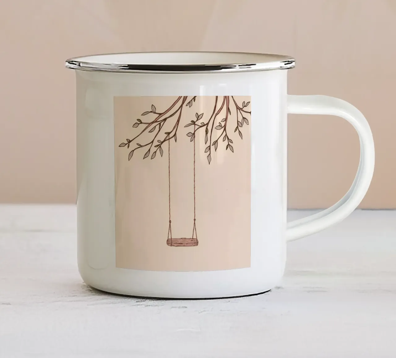 Altalena appesa al ramo di un albero con foglie delicate tazza in smalto da DesignDoodle