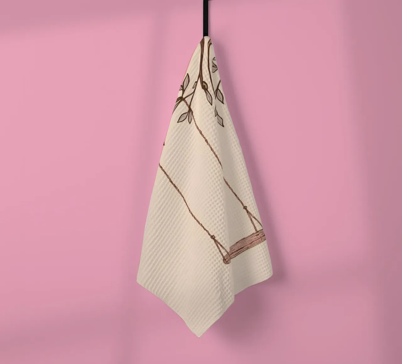 Swing hanging from a tree branch with delicate leaves tea towel by DesignDoodle