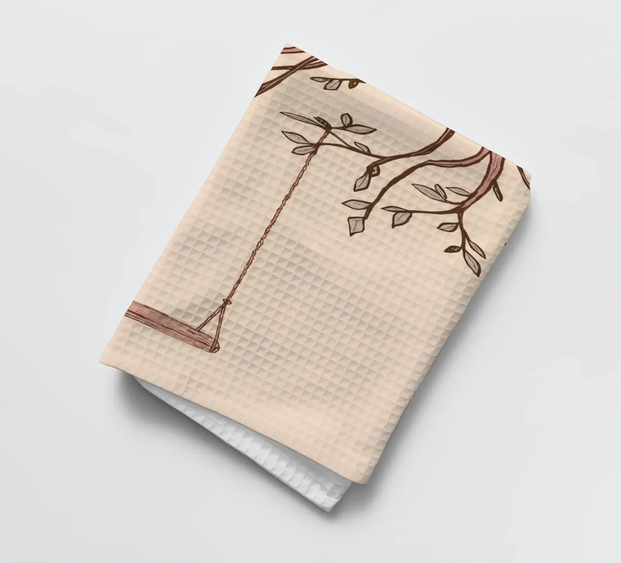 Swing hanging from a tree branch with delicate leaves tea towel by DesignDoodle