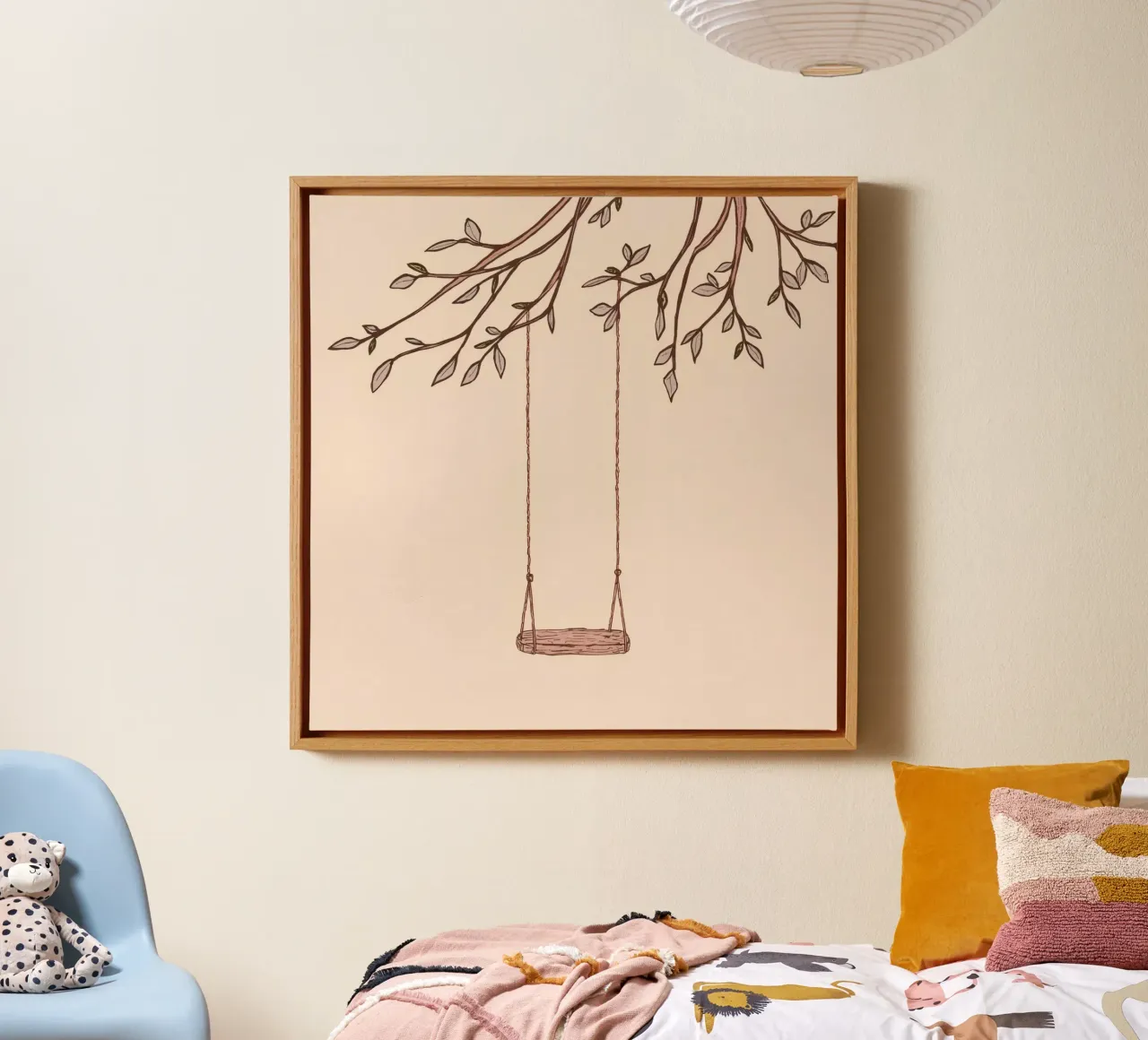 Swing hanging from a tree branch with delicate leaves canvas by DesignDoodle