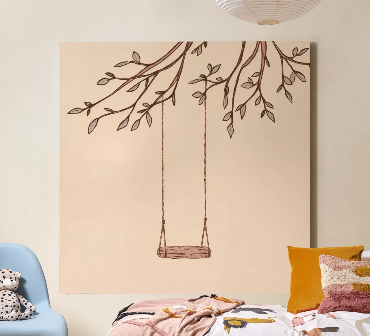 Swing hanging from a tree branch with delicate leaves canvas by DesignDoodle