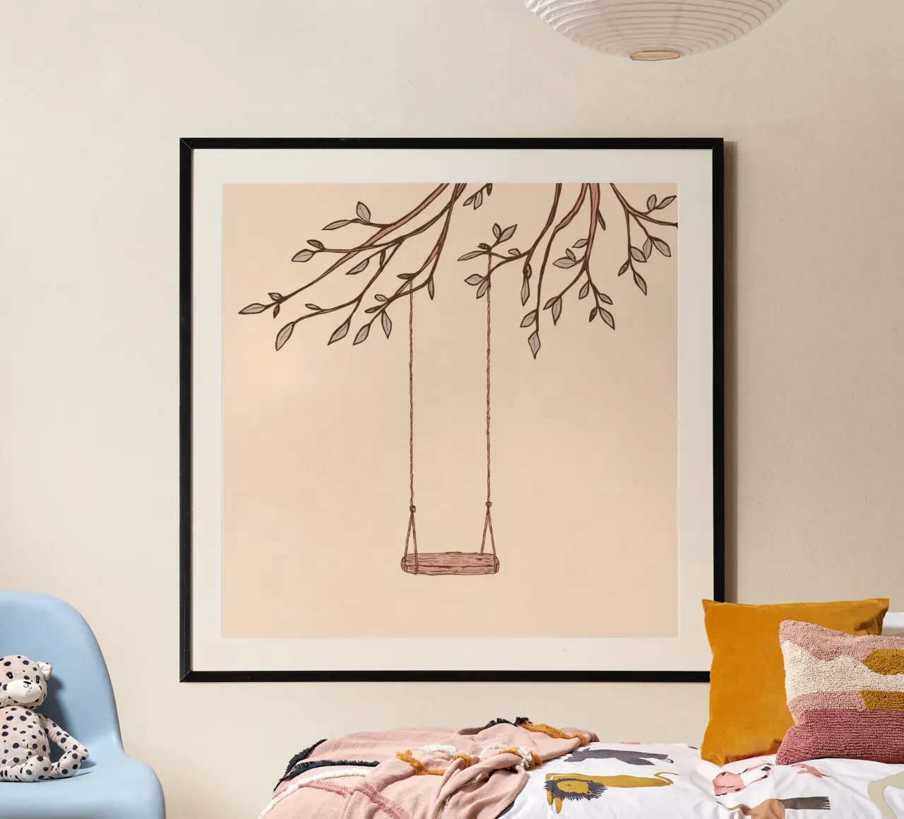 Swing hanging from a tree branch with delicate leaves hahnemühle by DesignDoodle