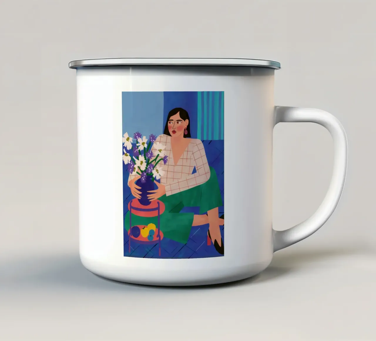 Vaso blu Fiori bianchi tazza in smalto da Marigold Tiga