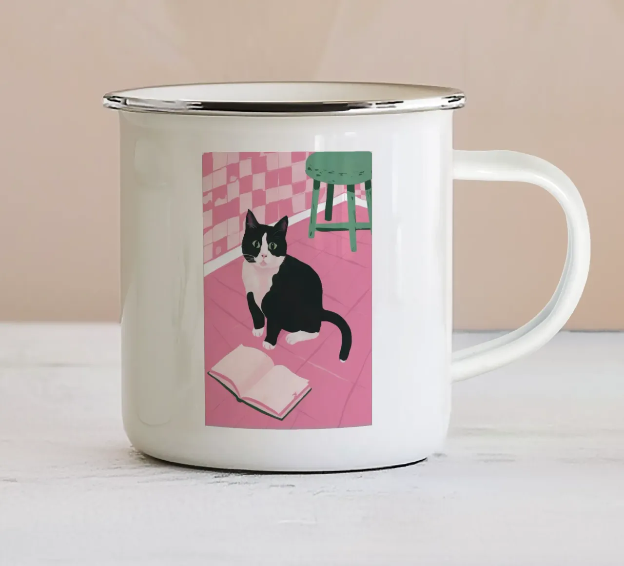 Literary Tuxedo Lounger enamel mug by Mossy Pigment