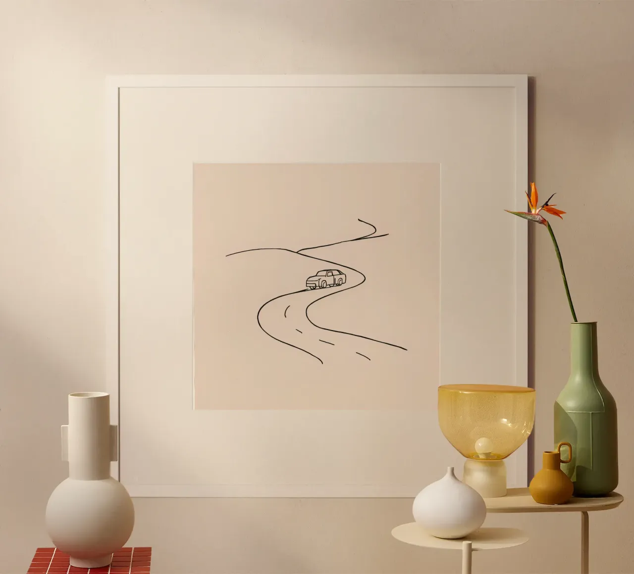 Strada curva con auto in viaggio attraverso un paesaggio aperto carta hahnemühle da DesignDoodle