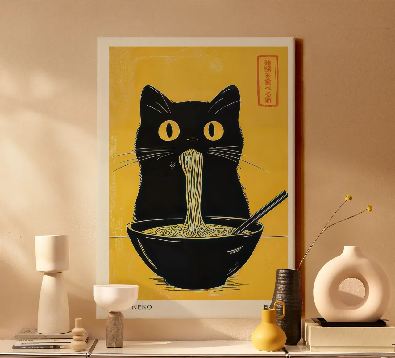 KURO Neko - Nodle Katze Leinwand mit Schattenfugenrahmen von muench benjamin