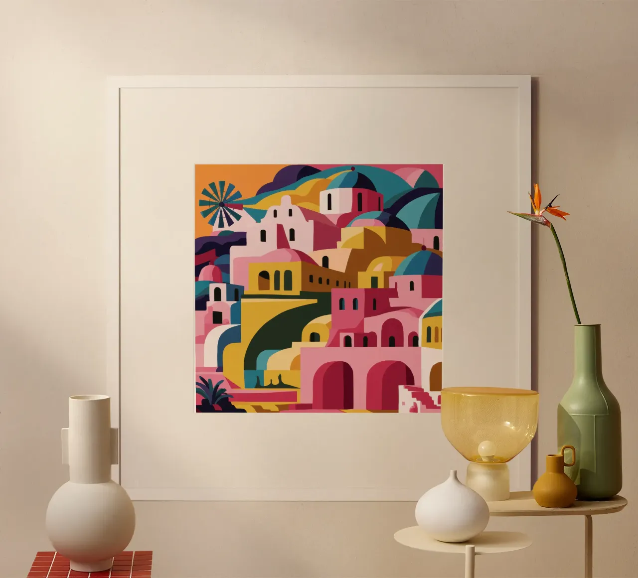 Caleidoscopio del villaggio cubista poster con telaio in legno da Mossy Pigment