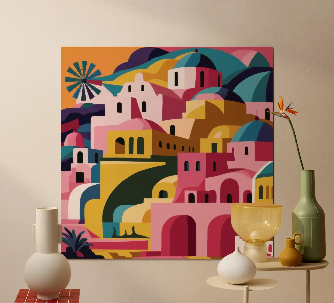 Caleidoscopio del villaggio cubista poster con telaio in legno da Mossy Pigment