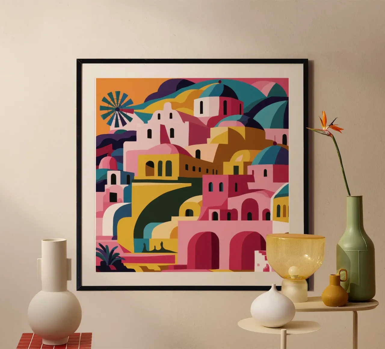 Caleidoscopio del villaggio cubista poster con telaio in legno da Mossy Pigment