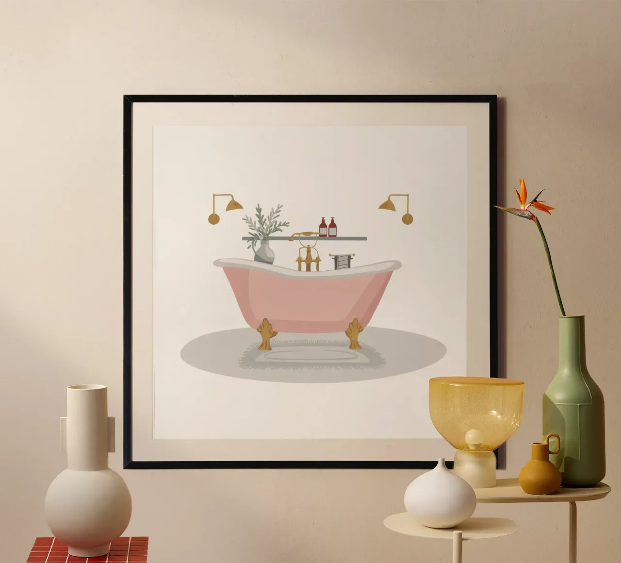 Bagno rosa Cura di sé poster con telaio in alluminio da Hollow Years