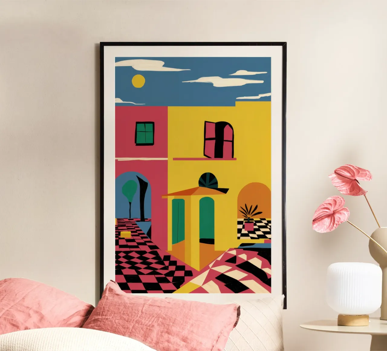 Passeggiata nei vicoli cromatici poster con telaio in plastica da Mossy Pigment