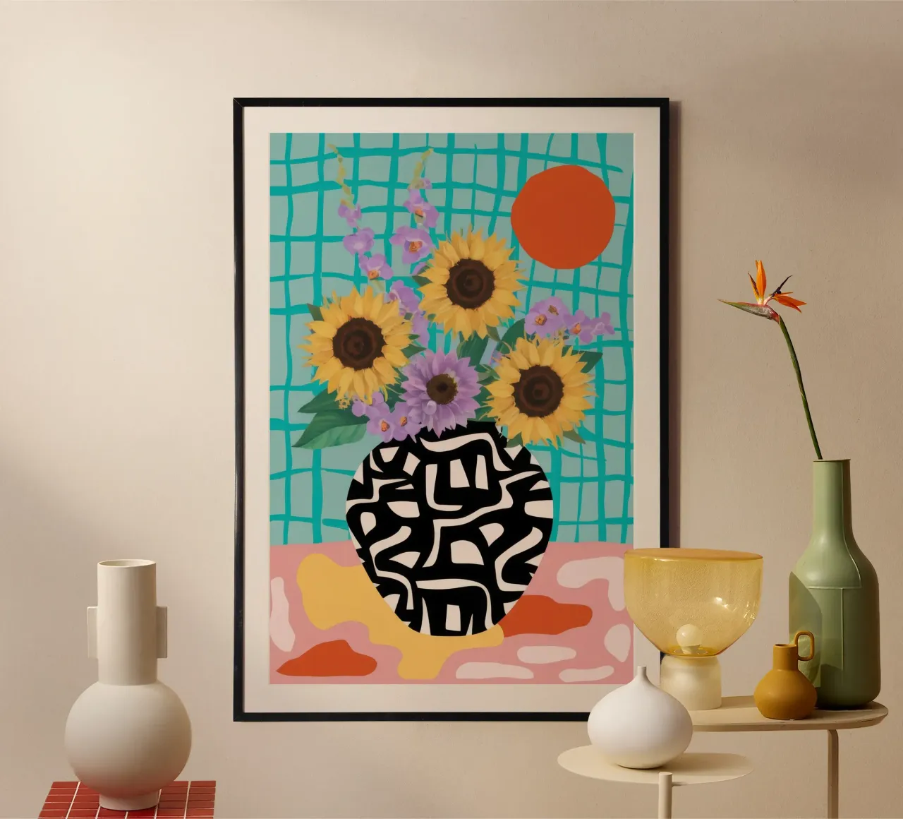 Griglia di girasoli moderna poster con telaio in legno da Mossy Pigment