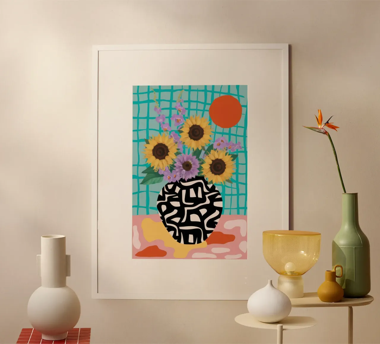 Griglia di girasoli moderna poster con telaio in legno da Mossy Pigment