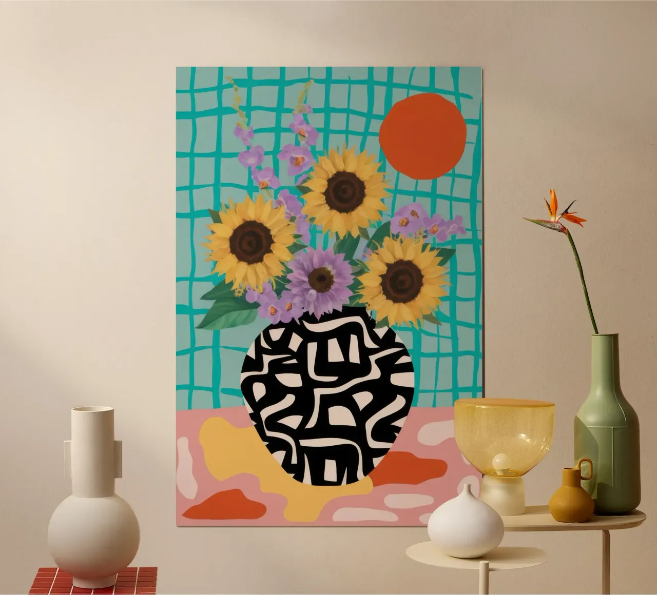 Griglia di girasoli moderna poster con telaio in legno da Mossy Pigment