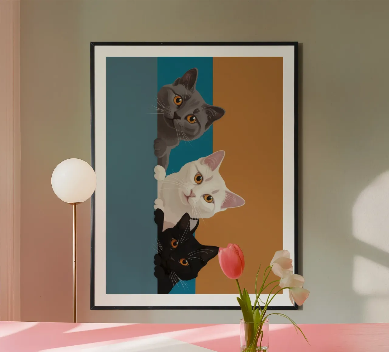 Trio felino curioso poster con telaio in legno da Mossy Pigment