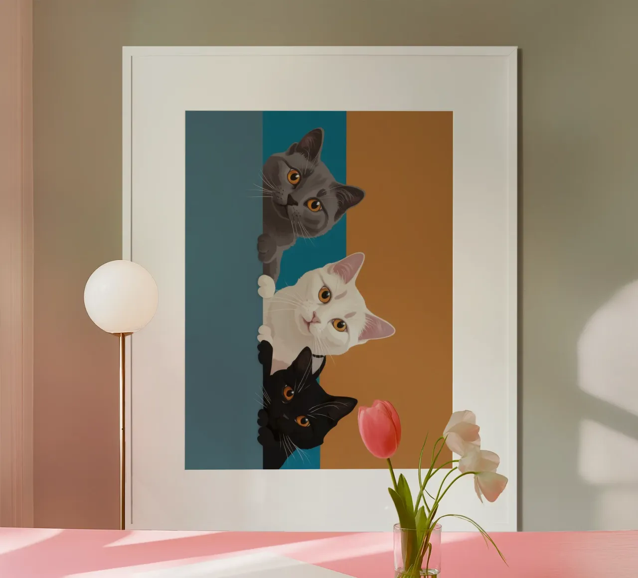 Trio felino curioso poster con telaio in legno da Mossy Pigment