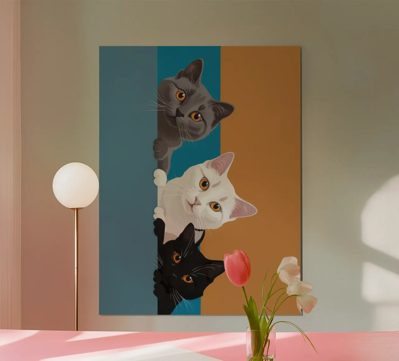 Trio felino curioso poster con telaio in legno da Mossy Pigment