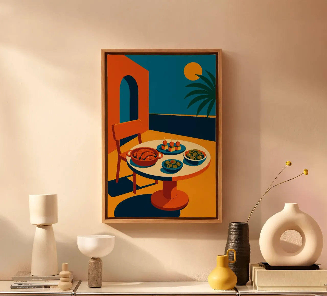 TERRASSE TAPAS - Sun, palm trees and aperitifs in the shade canvas with Floater frame by Boissons - Affiches & posters - Retro