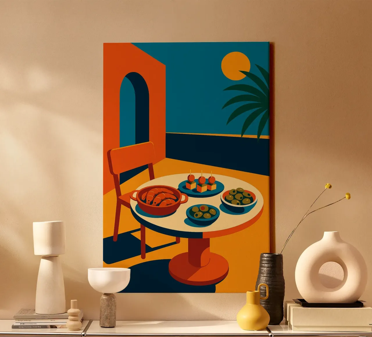 TERRASSE TAPAS - Sun, palm trees and aperitifs in the shade canvas with Floater frame by Boissons - Affiches & posters - Retro