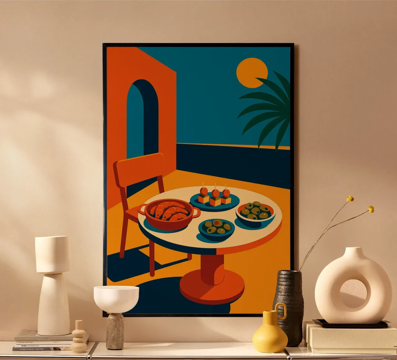 TERRASSE TAPAS - Sun, palm trees and aperitifs in the shade poster by Boissons - Affiches & posters - Retro
