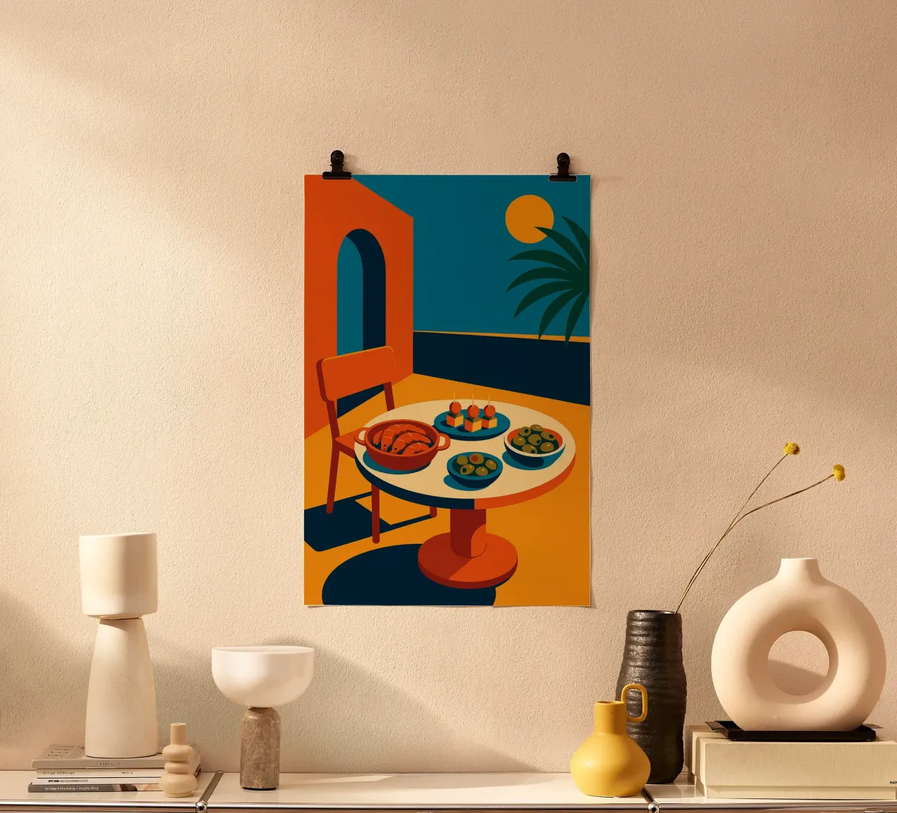 TERRASSE TAPAS - Sun, palm trees and aperitifs in the shade poster by Boissons - Affiches & posters - Retro