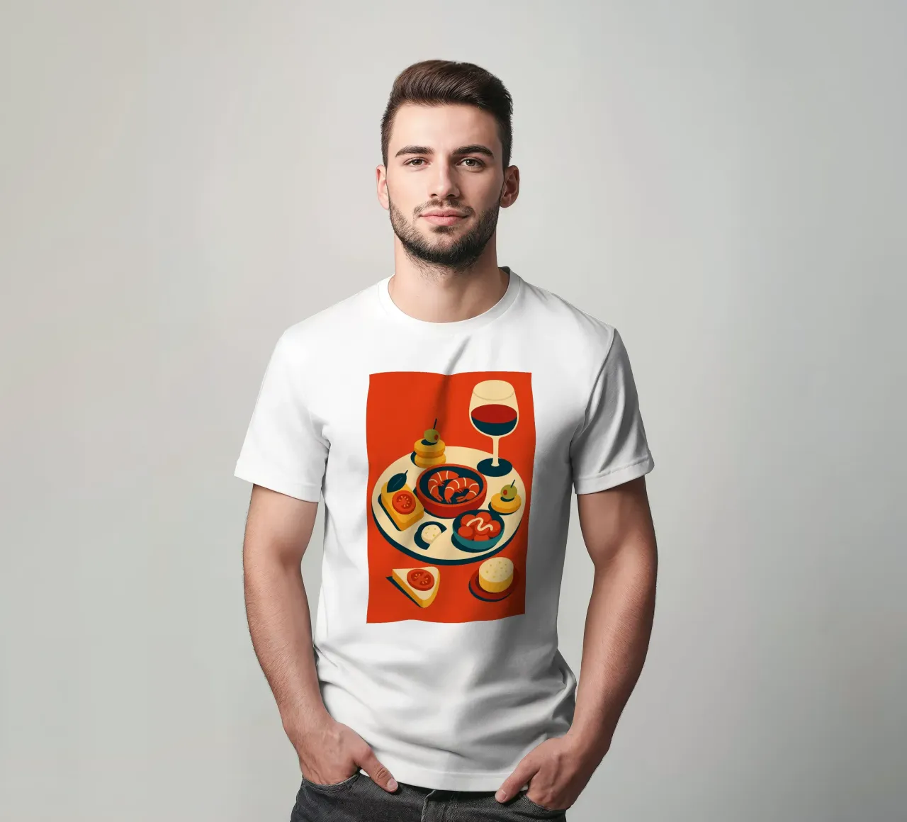 TAPAS AND WINE - A colourful Spanish-style feast t-shirt by Boissons - Affiches & posters - Retro