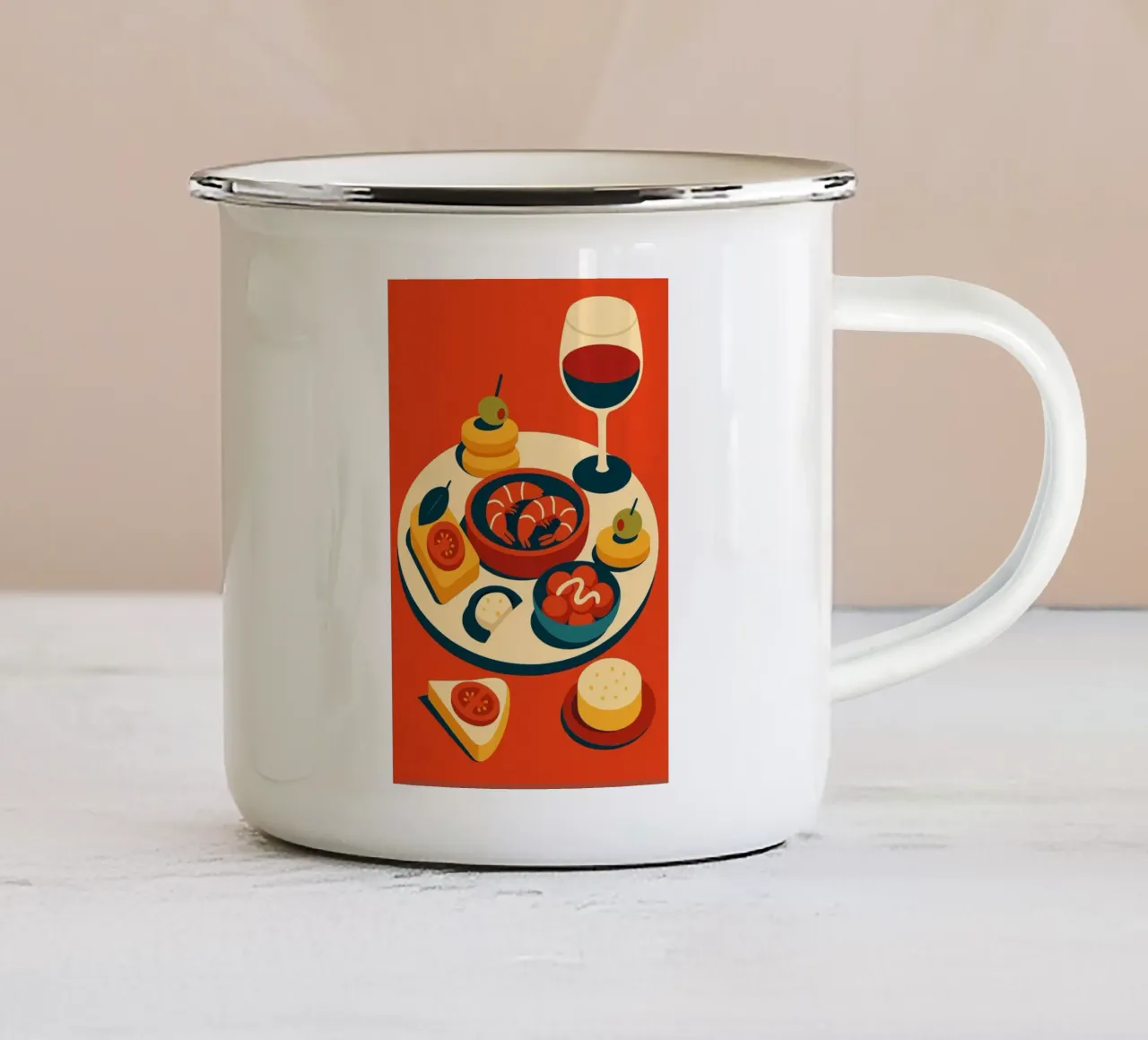 TAPAS E VINO - Un colorato banchetto in stile spagnolo tazza in smalto da Boissons - Affiches & posters - Retro
