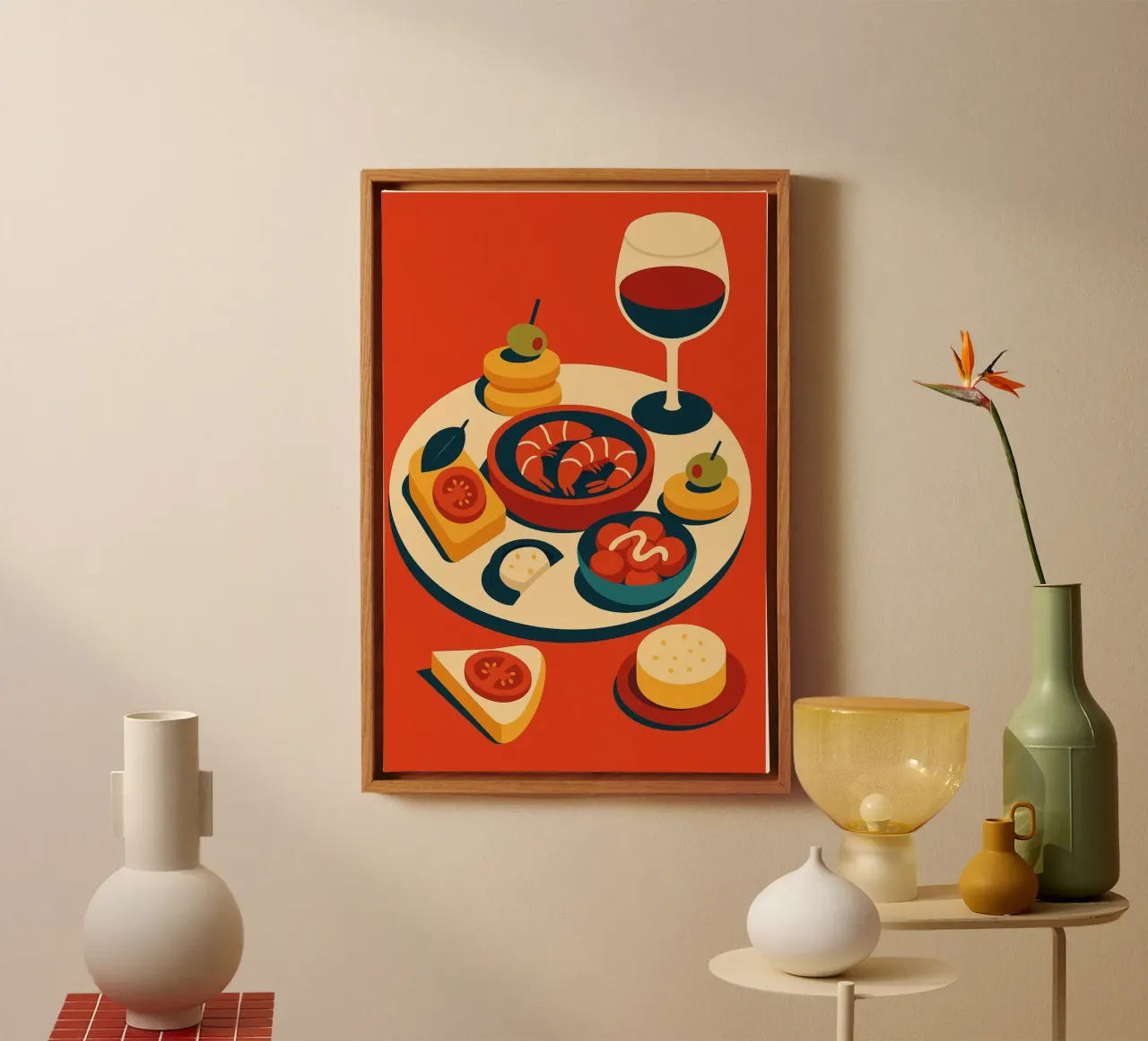 TAPAS E VINO - Un colorato banchetto in stile spagnolo tela con Cornice a cassetta da Boissons - Affiches & posters - Retro