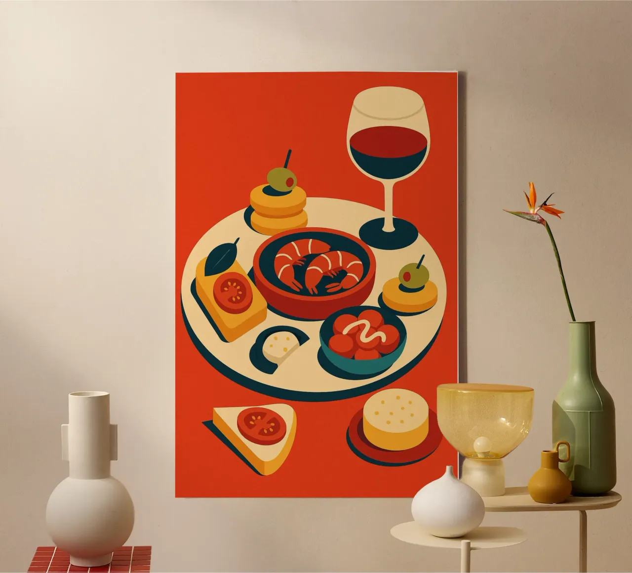 TAPAS E VINO - Un colorato banchetto in stile spagnolo tela con Cornice a cassetta da Boissons - Affiches & posters - Retro