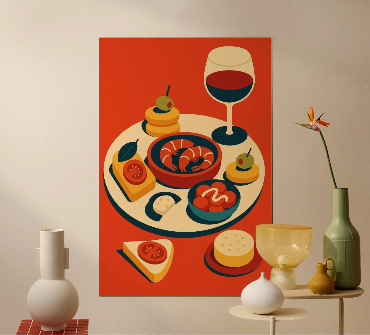 TAPAS E VINO - Un colorato banchetto in stile spagnolo carta hahnemühle da Boissons - Affiches & posters - Retro