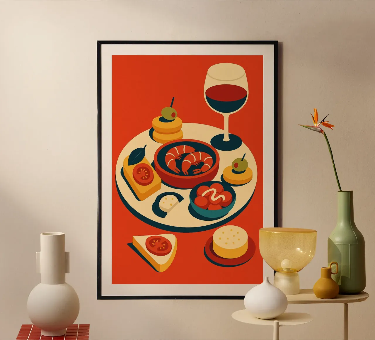 TAPAS E VINO - Un colorato banchetto in stile spagnolo carta hahnemühle da Boissons - Affiches & posters - Retro