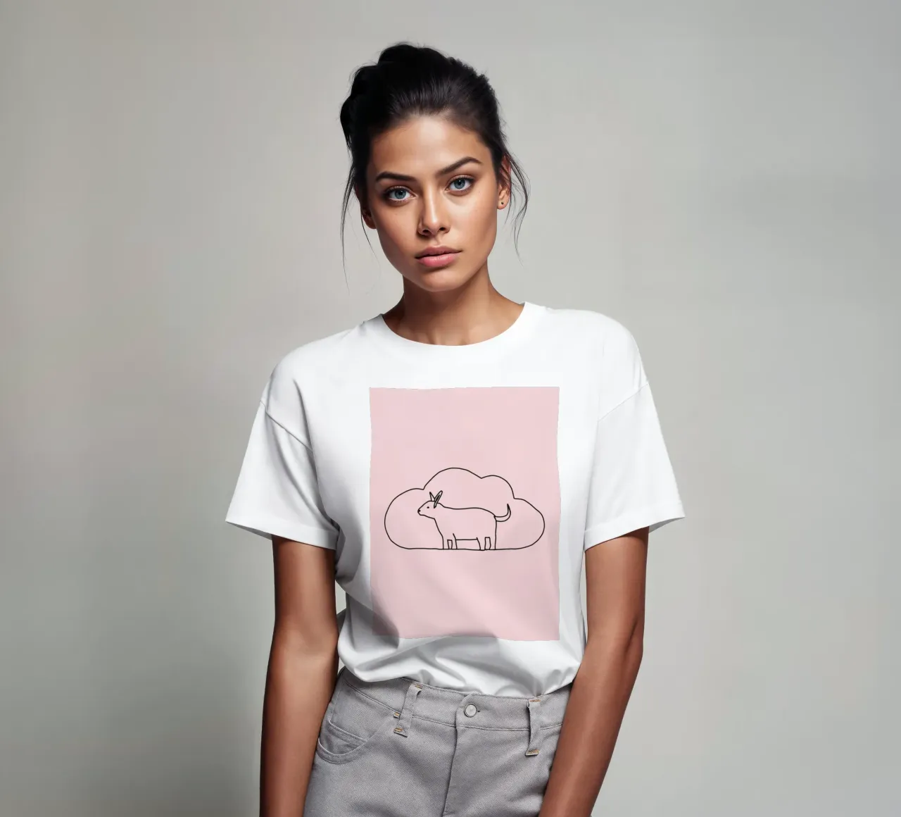 Goat standing against a simple cloud backdrop on a soft pink t-shirt by DesignDoodle