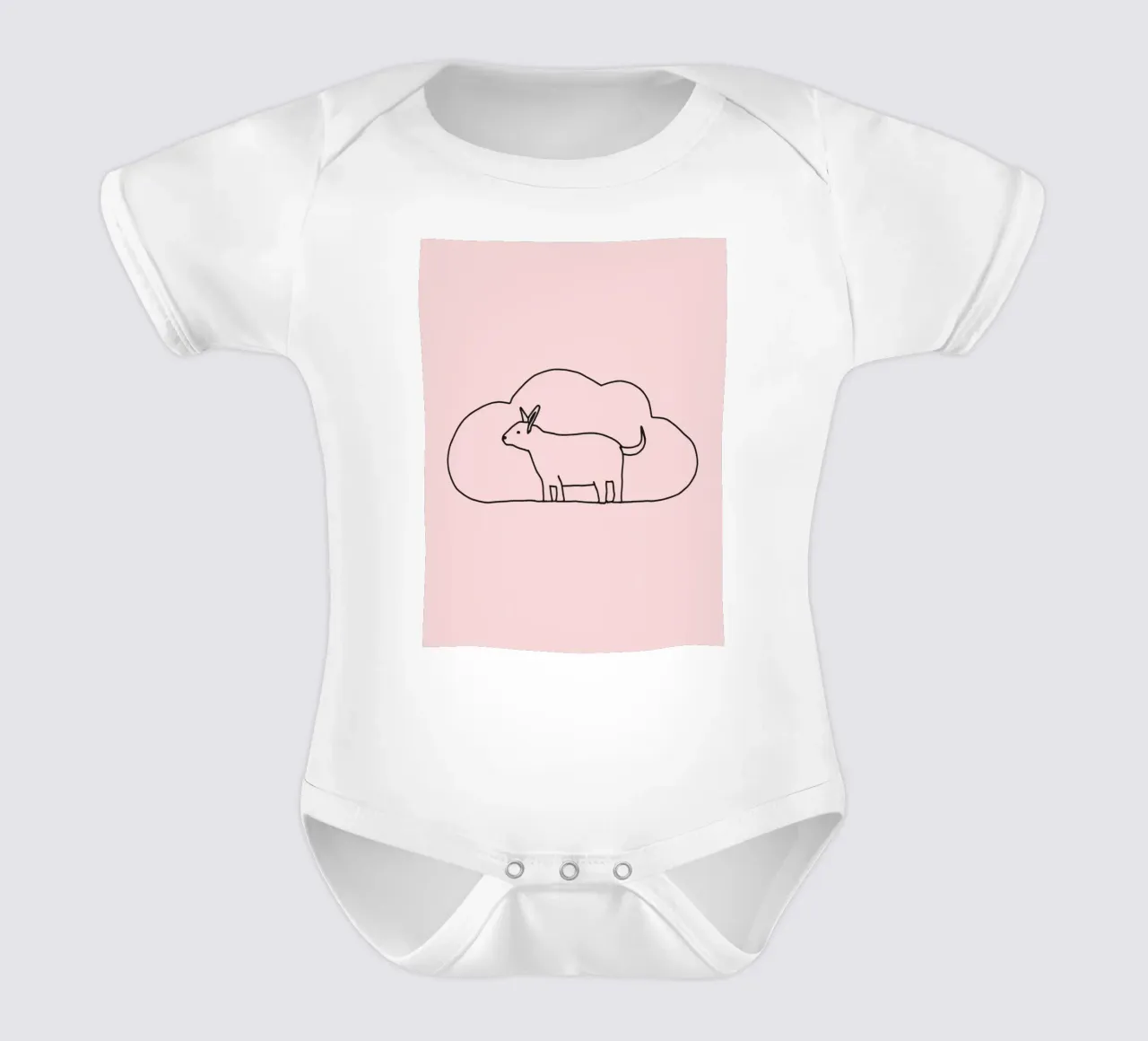 Goat standing against a simple cloud backdrop on a soft pink short-sleeve baby romper by DesignDoodle