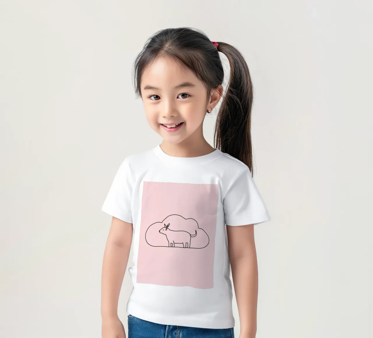 Goat standing against a simple cloud backdrop on a soft pink kids t-shirt by DesignDoodle