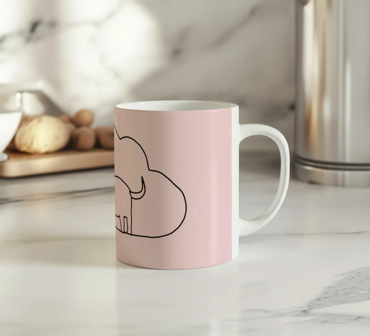 Goat standing against a simple cloud backdrop on a soft pink ceramic mug by DesignDoodle