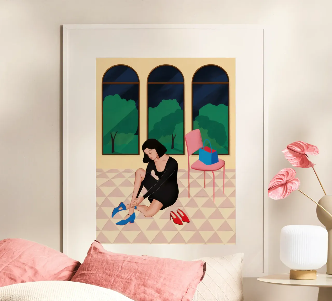 Donna con finestre ad arco poster con telaio in legno da Hollow Years