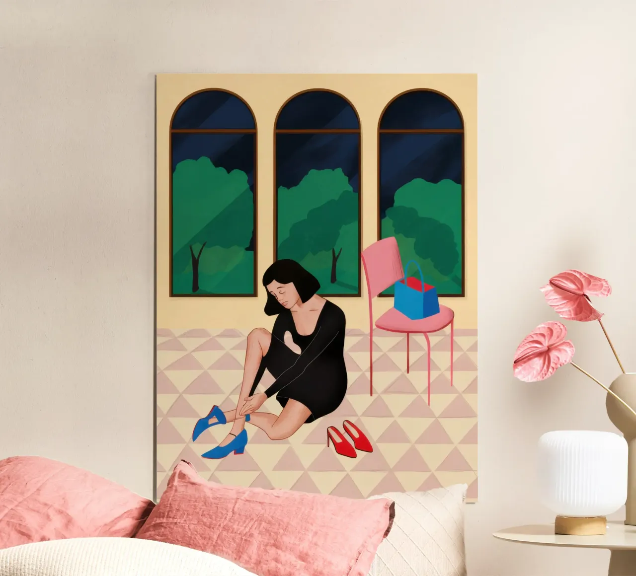 Donna con finestre ad arco poster con telaio in legno da Hollow Years