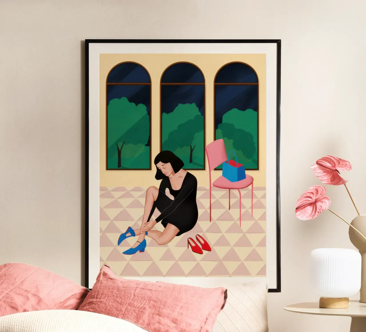 Donna con finestre ad arco poster con telaio in legno da Hollow Years