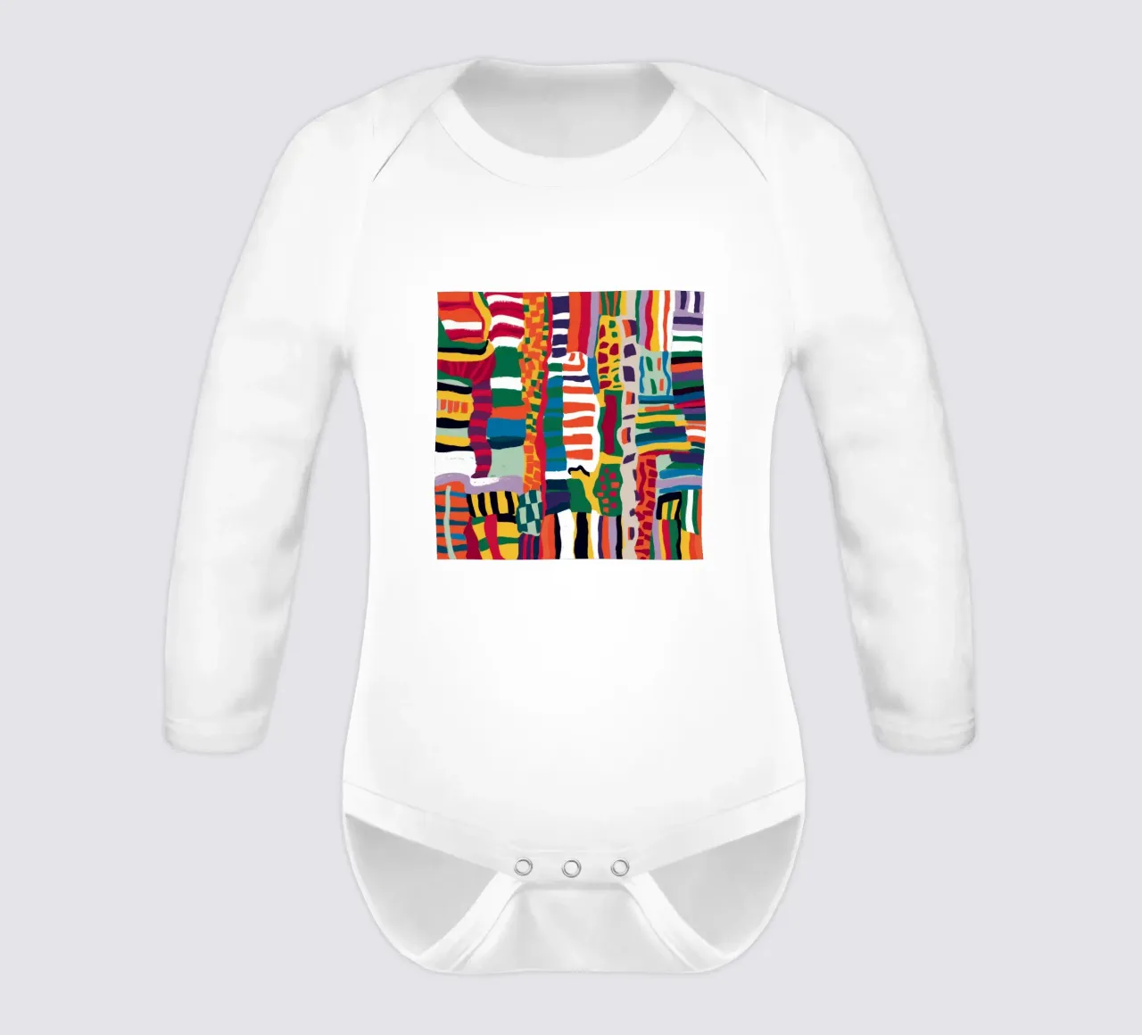 Chromatic Totem Pattern long-sleeve baby romper by Arcane Lines