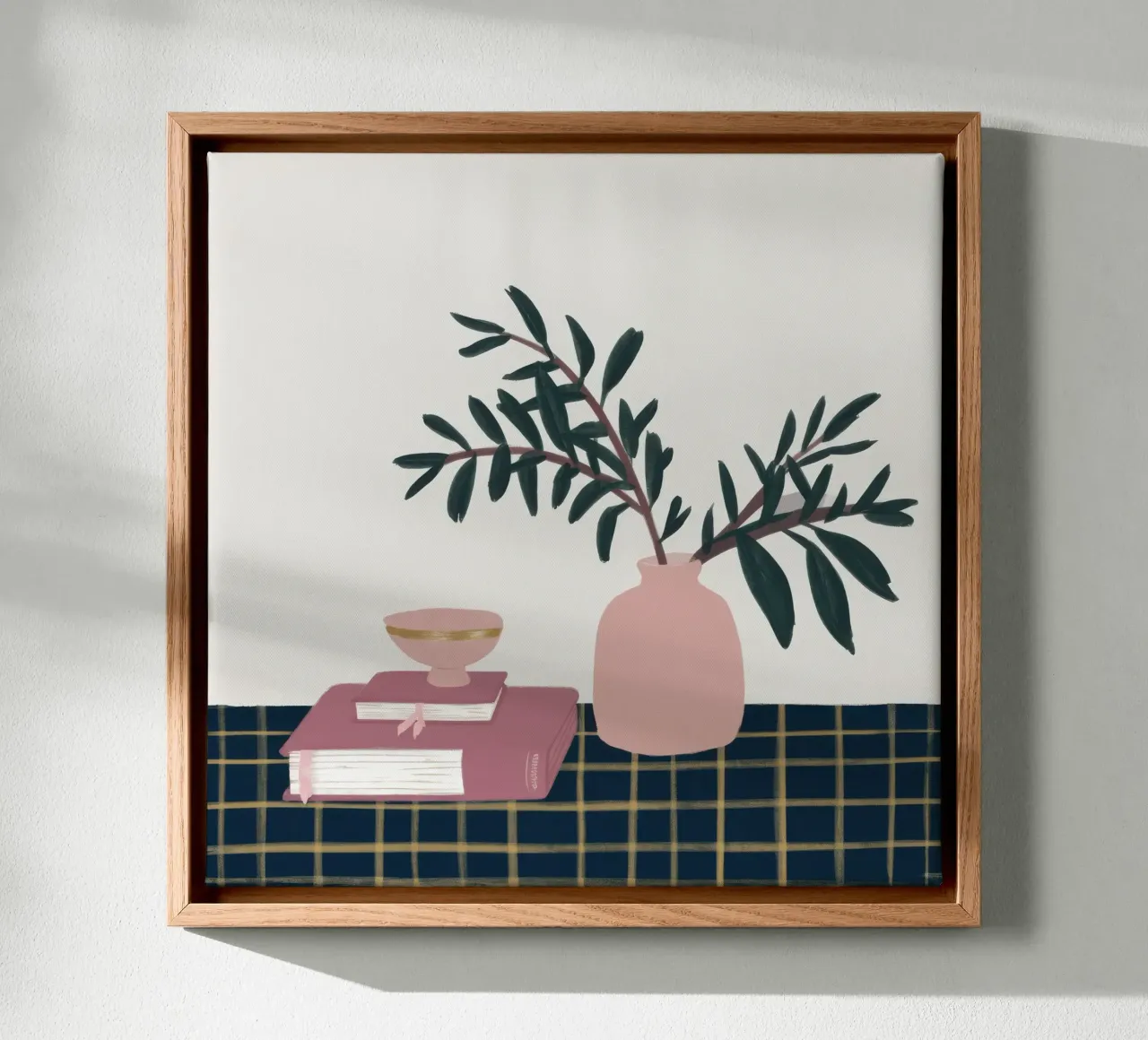 Pink Vase Book Stack canvas with Floater frame by Hollow Years