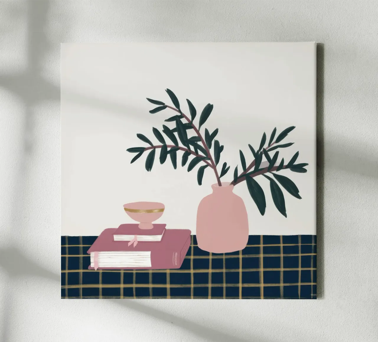 Pink Vase Book Stack canvas with Floater frame by Hollow Years