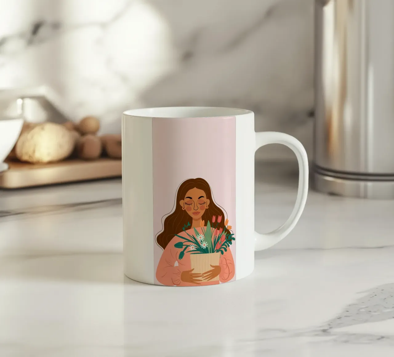 Donna con fiori in mano tazza in ceramica da Hollow Years